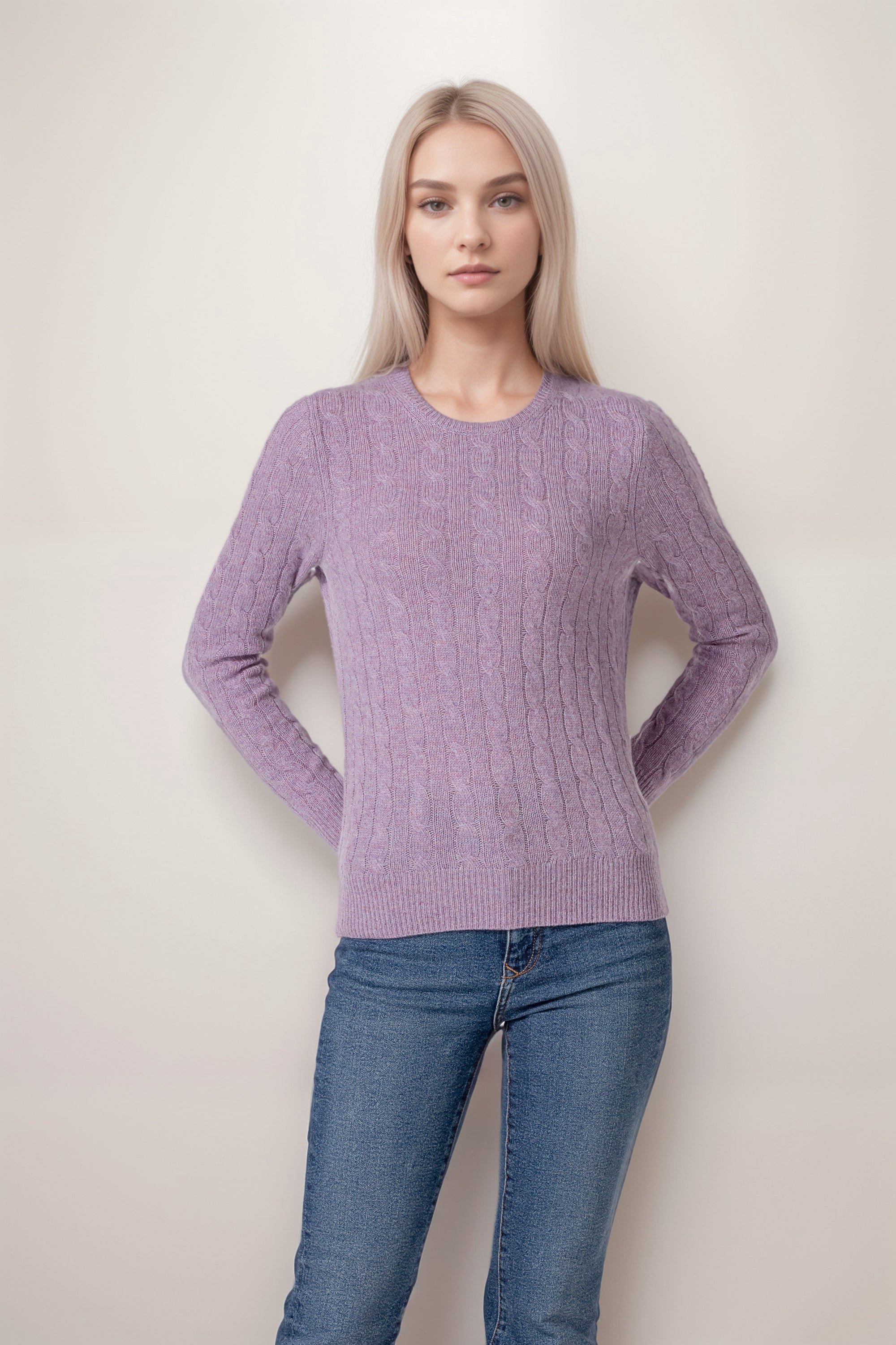 PURE CASHMERE CABLE CREW NECK WOMEN LAVENDER